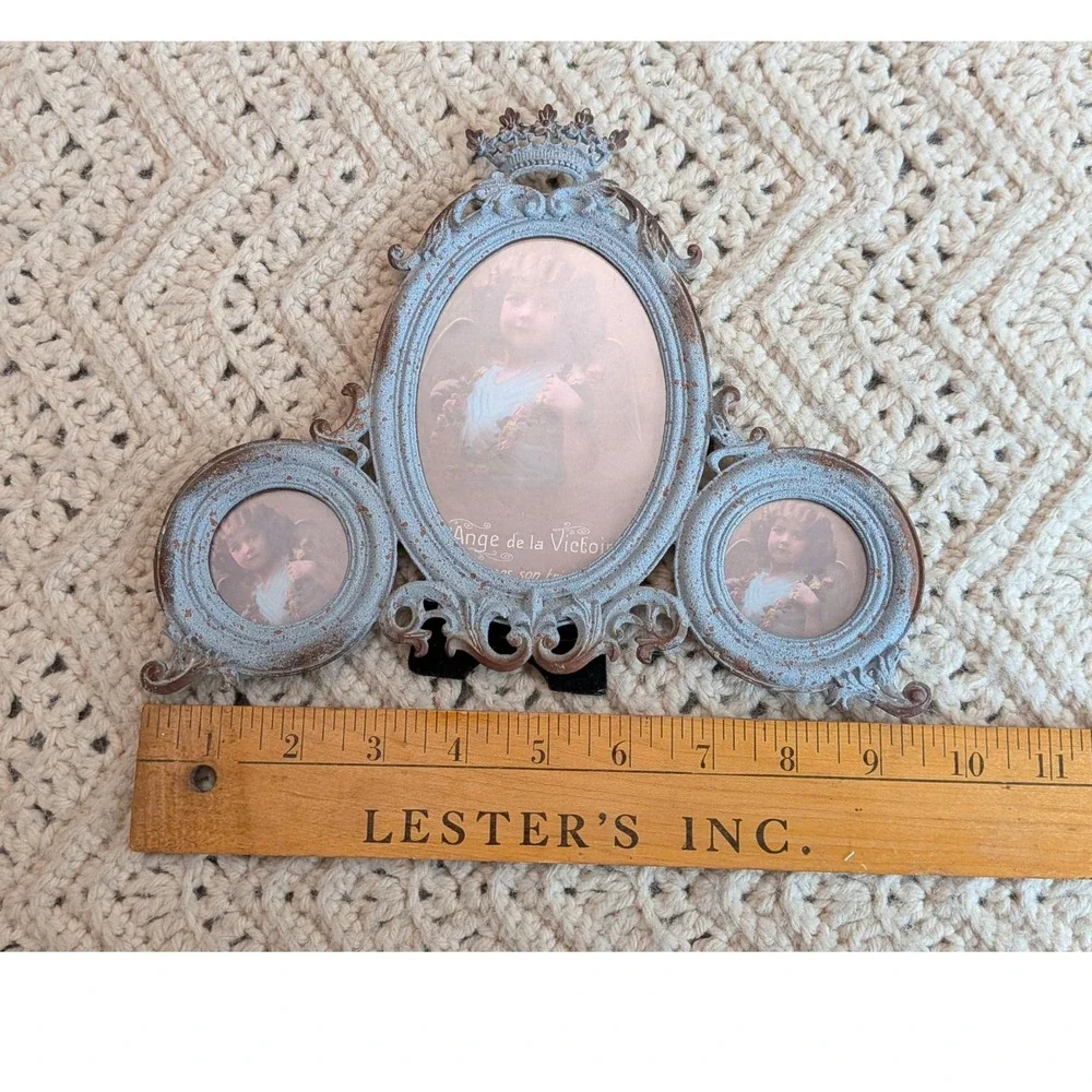 Vintage Style Ornate Crown Triptych Photo Frame Blue Distressed 3-Way Tabletop